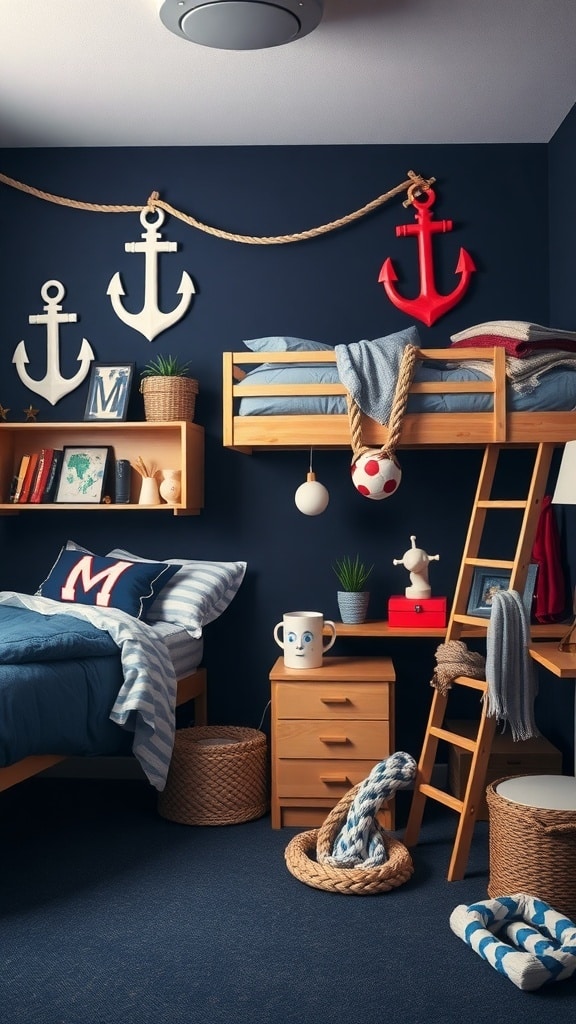 A cozy dorm room with a nautical theme featuring navy blue walls, anchors, and wooden furniture.