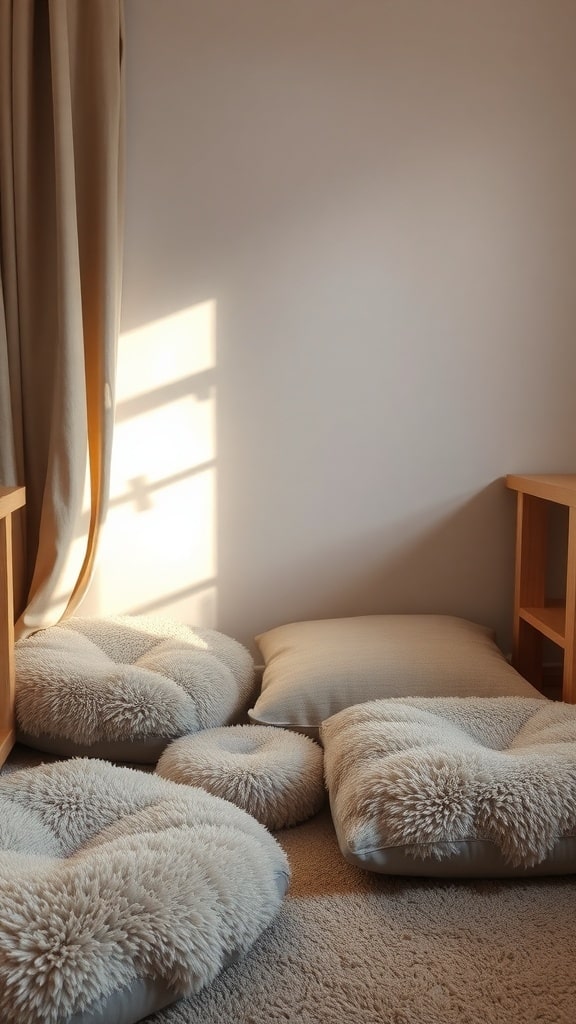 A cozy corner with plush floor cushions in warm greige tones, perfect for a dorm room.