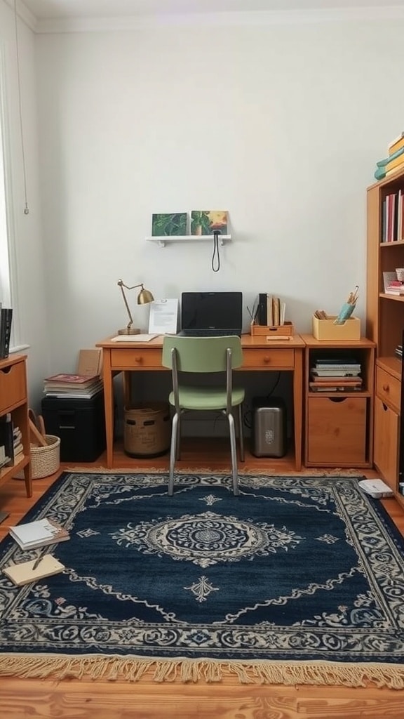 A cozy workspace featuring a vintage indigo rug, wooden desk, and green chair.