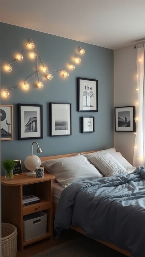 Dorm room with a dusty blue accent wall, string lights, and framed art.