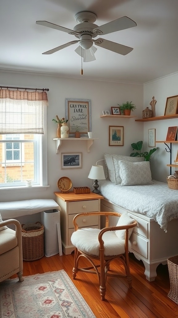 Cozy dorm room with vintage decor, featuring a bed, wicker chair, and antique finds.
