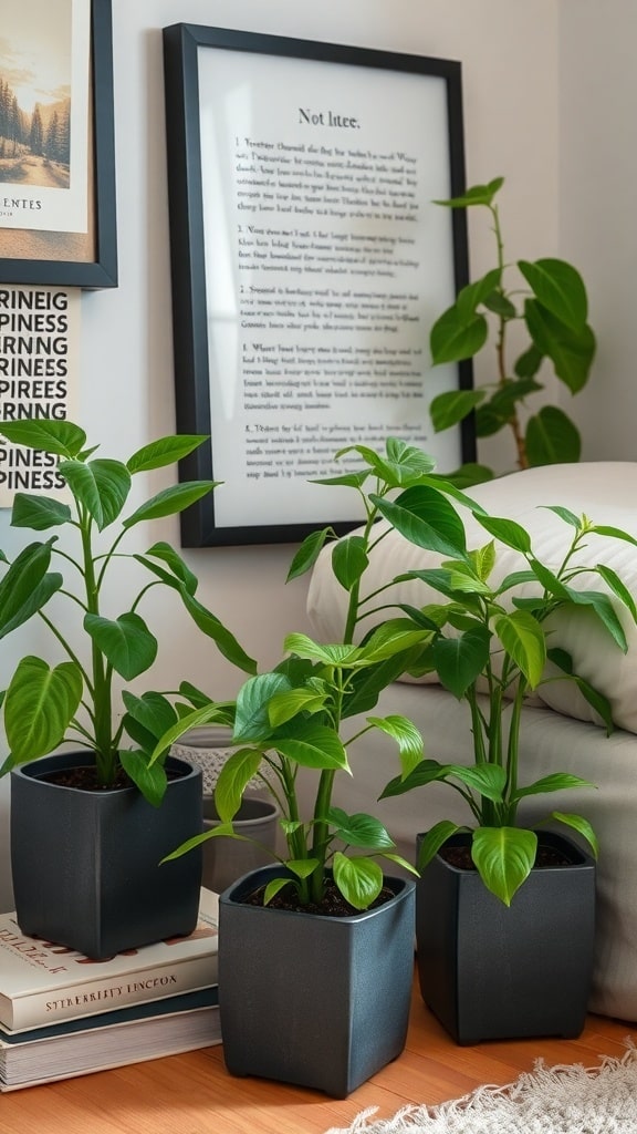Three potted plants in charcoal gray pots on a wooden floor, with framed art and books in the background.