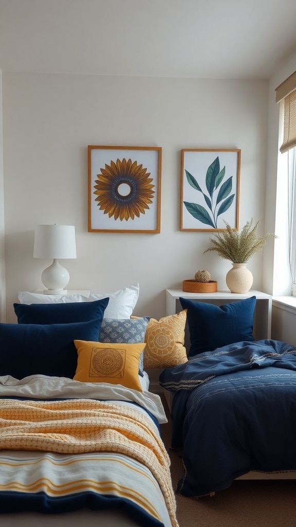 A cozy dorm room with indigo bedding and gold accents, featuring decorative pillows and framed artwork.