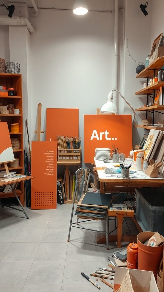 A cozy art supplies corner featuring rust orange walls, a wooden table filled with art materials, and organized shelves.