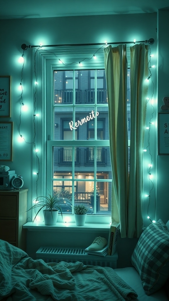A cozy dorm room with mint fairy lights framing a window, soft bedding, and plants on the windowsill.