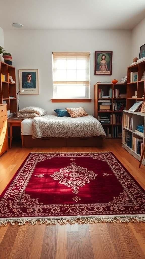 A vintage burgundy rug in a cozy dorm room with wooden furniture and warm lighting.