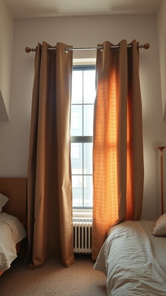 Two taupe curtains hanging by a window in a dorm room, with light filtering through.
