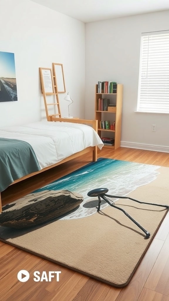A beach-inspired rug featuring a sandy shore and gentle waves, placed in a cozy dorm room setting.