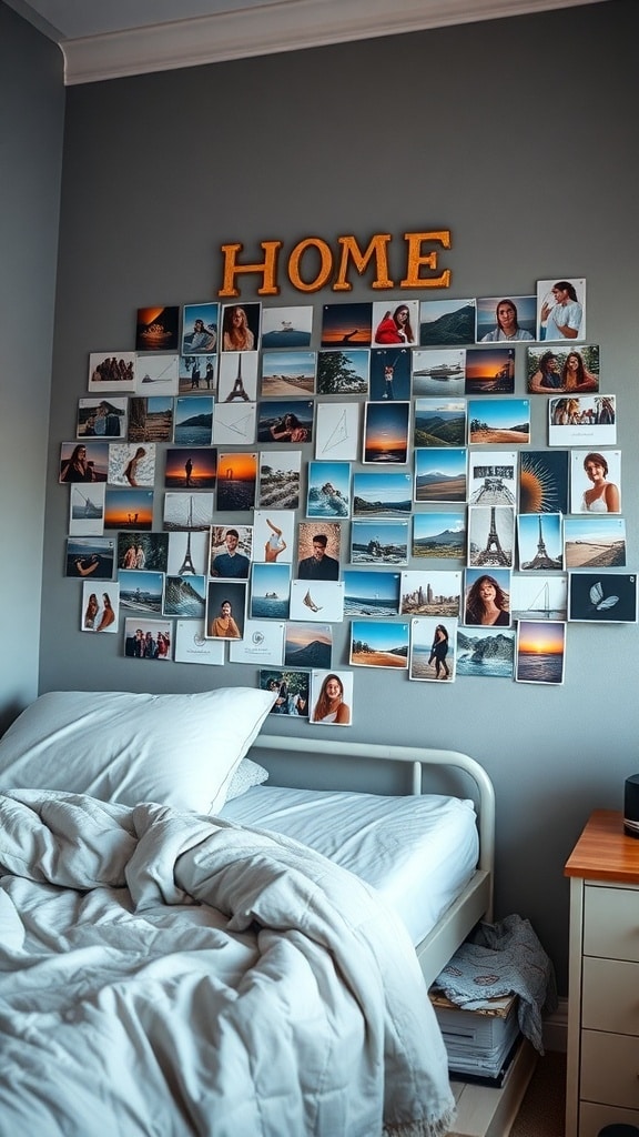 A wall decorated with a collage of personal photos and the word 'HOME' above a bed in a dorm room.