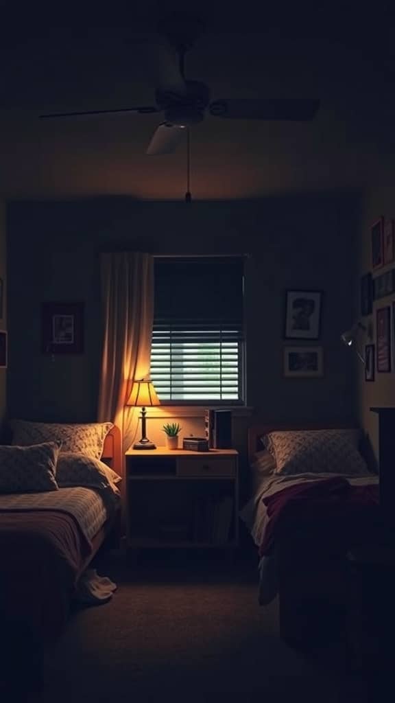 A dark dorm room with two beds, a lamp, and framed pictures on the wall.