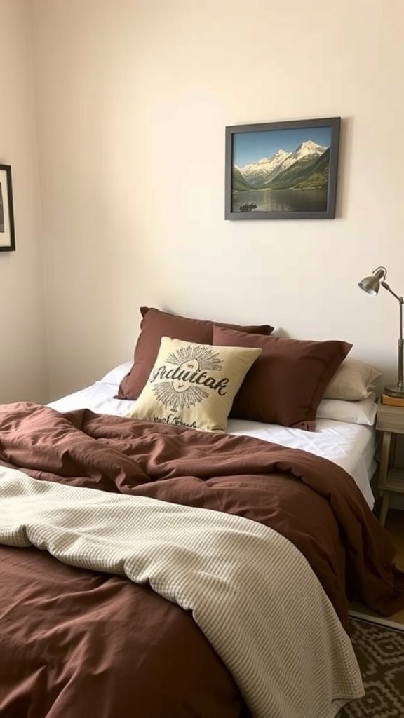 Cozy dorm room bed with chocolate brown bedding and decorative pillow