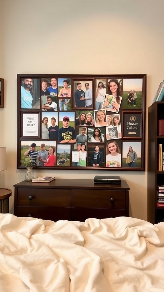 A personalized photo collage displayed on a wall, featuring various pictures of friends and family.