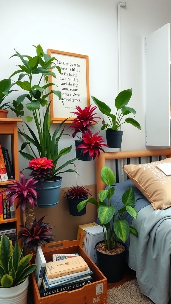 A cozy dorm room corner with various plants in industrial pots, showcasing vibrant greenery against wooden furniture.