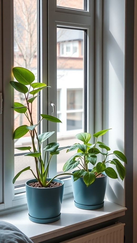 Two green plants in slate blue pots on a windowsill