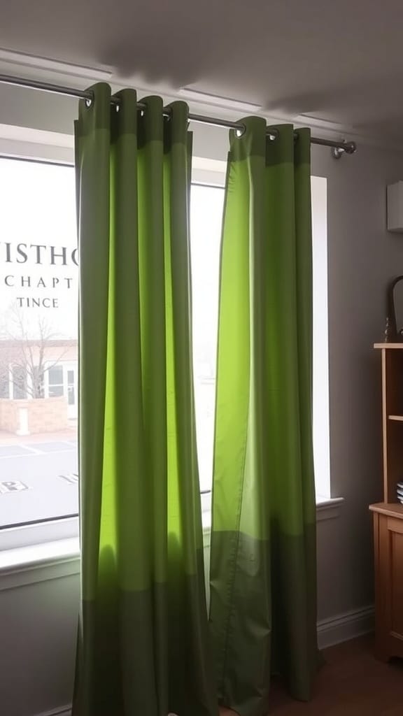 Sage green curtains hanging by a window in a dorm room