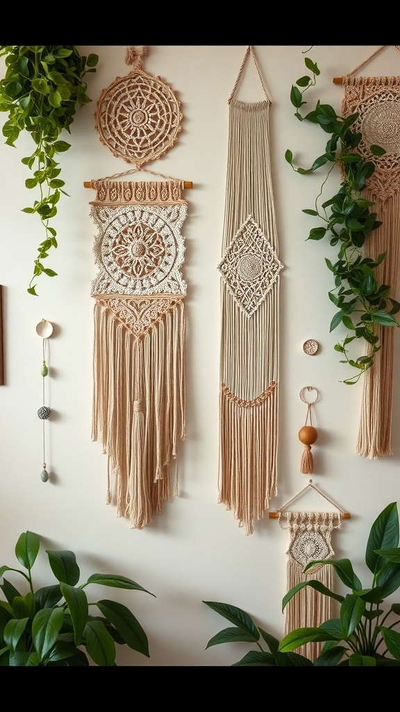 A collection of macrame wall hangings displayed on a wall with green plants.