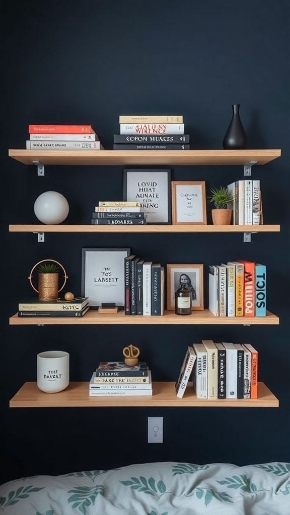 A set of functional floating shelves displaying books, plants, and decorative items against a navy blue wall.