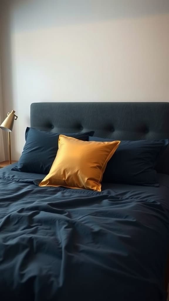 A navy blue bed with a gold accent pillow, showcasing chic bedding in a stylish dorm room.