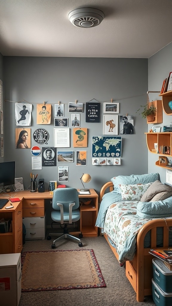 A cozy gray dorm room featuring a desk, a bed with floral bedding, and a wall filled with art and photographs.