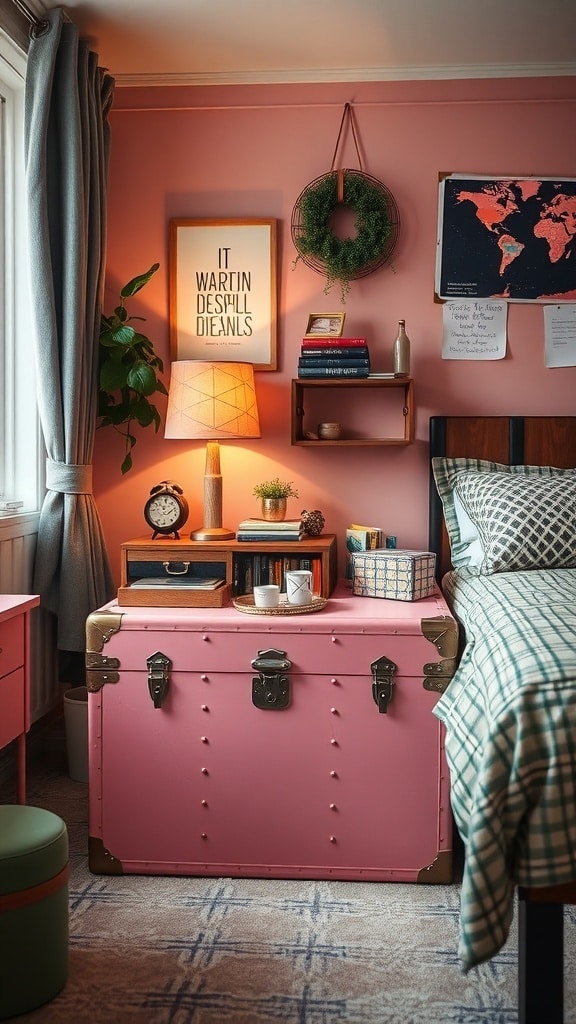 A vintage pink trunk in a cozy dorm room, providing storage and style.