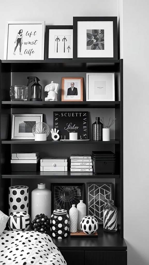 A stylish black and white shelf decor showcasing various decorative accents.