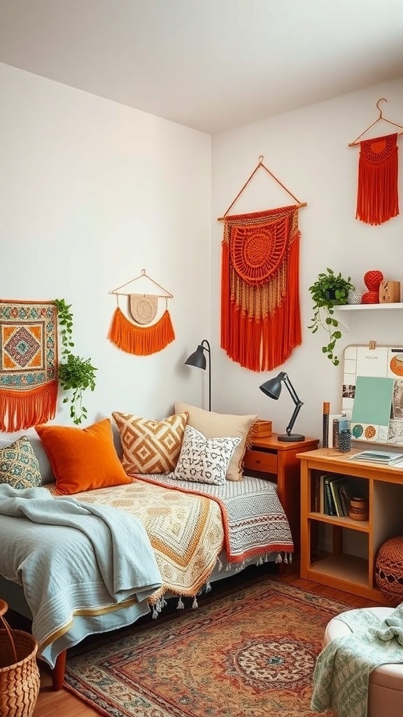 A cozy dorm room featuring bohemian wall hangings in warm tones, with a bed and desk.