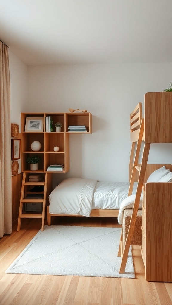 A cozy dorm room featuring natural wood furniture, including a bunk bed and a shelving unit, with soft bedding and a light rug.
