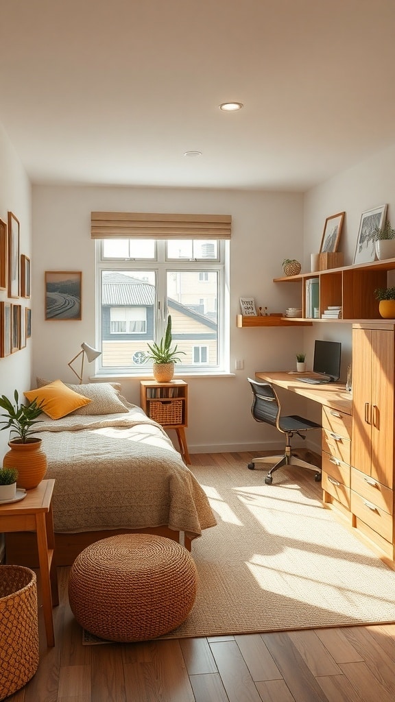 A cozy dorm room featuring natural wood furniture, including a bed, desk, and shelves, with earthy tones and plants.