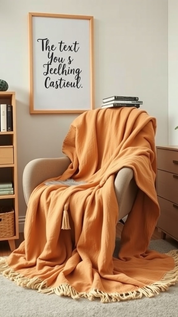 A caramel throw blanket draped over a chair with a framed quote on the wall.