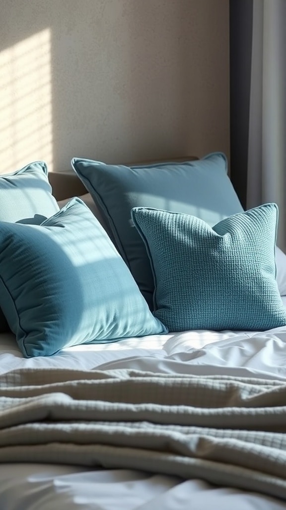 A cozy bed with textured dusty blue throw pillows, showcasing a rustic modern style.