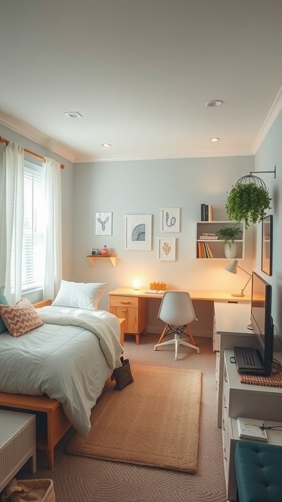 A cozy dorm room featuring a pastel color palette with light blue walls, natural wood furniture, and soft bedding.