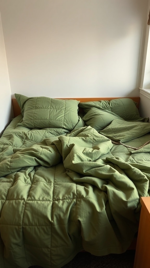 A cozy bed with olive green layered textiles, including a quilted comforter and pillows.