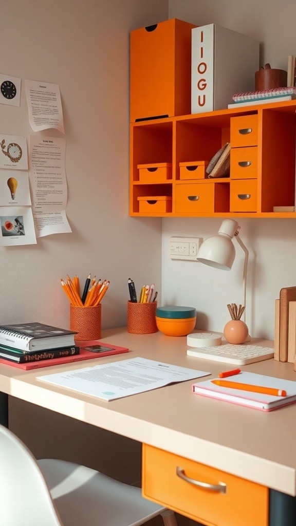A bright and organized desk featuring orange accessories, including pencil holders, storage boxes, and notebooks.
