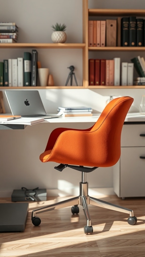 A stylish rust orange desk chair in a modern workspace with bookshelves and a laptop.