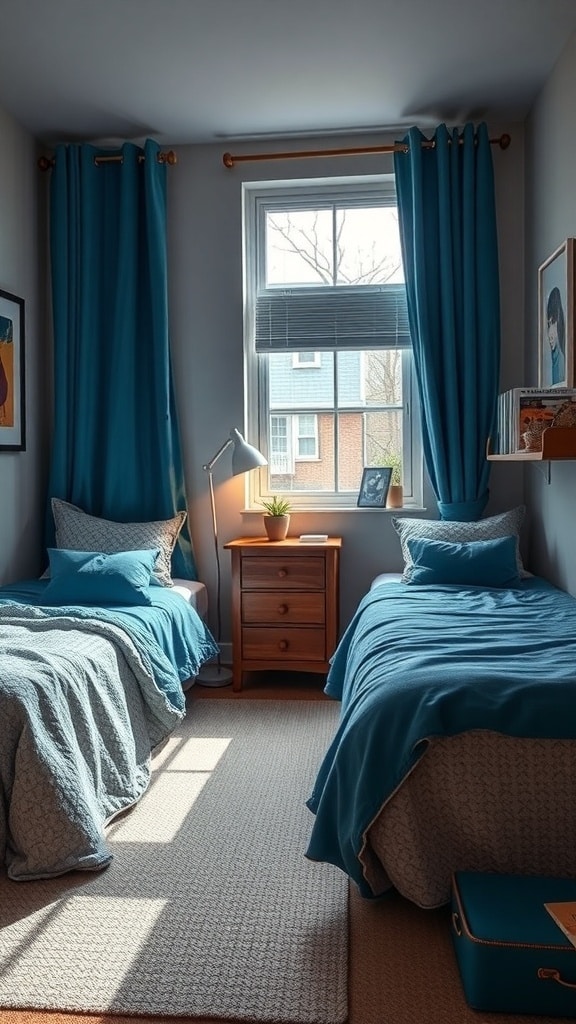 A stylish dorm room featuring two beds with peacock blue bedding, wooden furniture, and matching curtains.