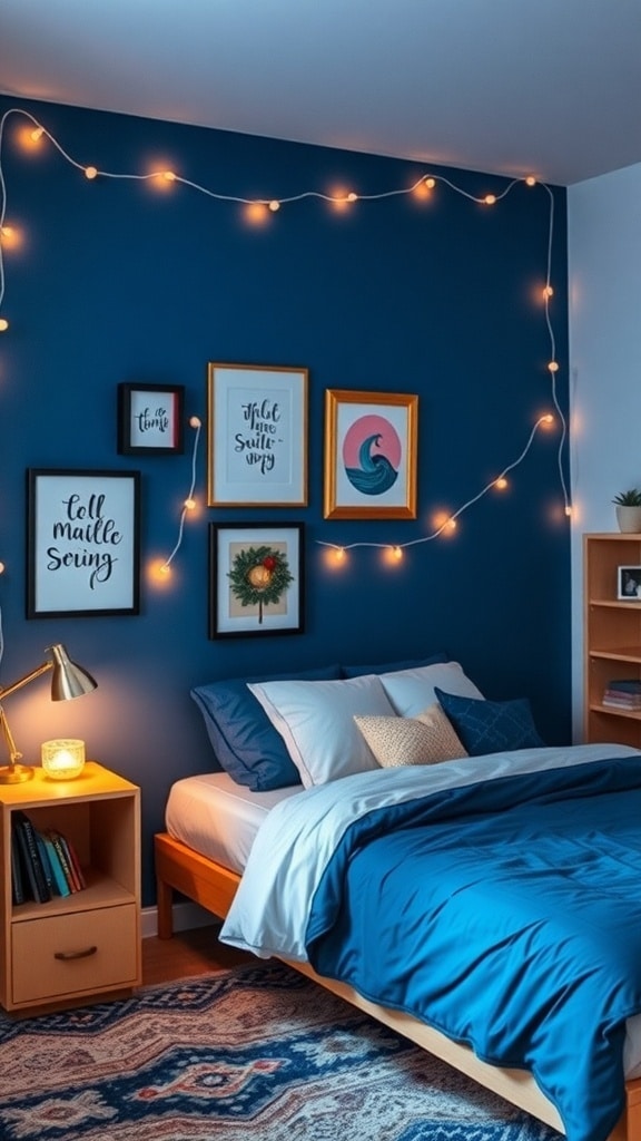 A dorm room featuring an indigo accent wall with string lights and framed art.