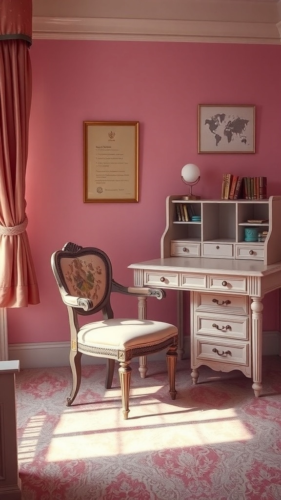 A vintage Art Deco inspired dorm room with pink walls, a decorative desk, and a floral chair.