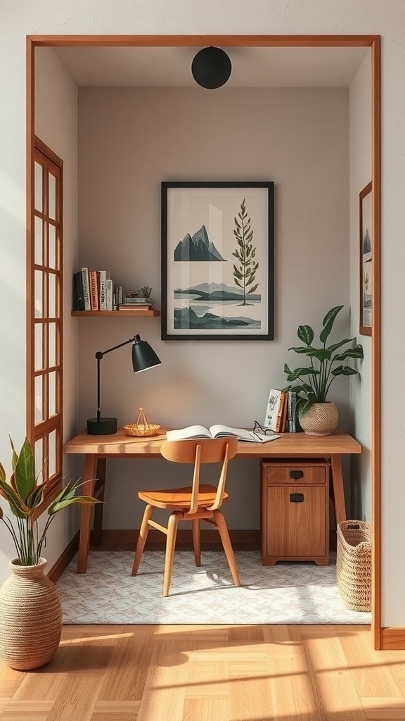 A minimalist study nook featuring a wooden desk, lamp, potted plants, and artwork on the wall.