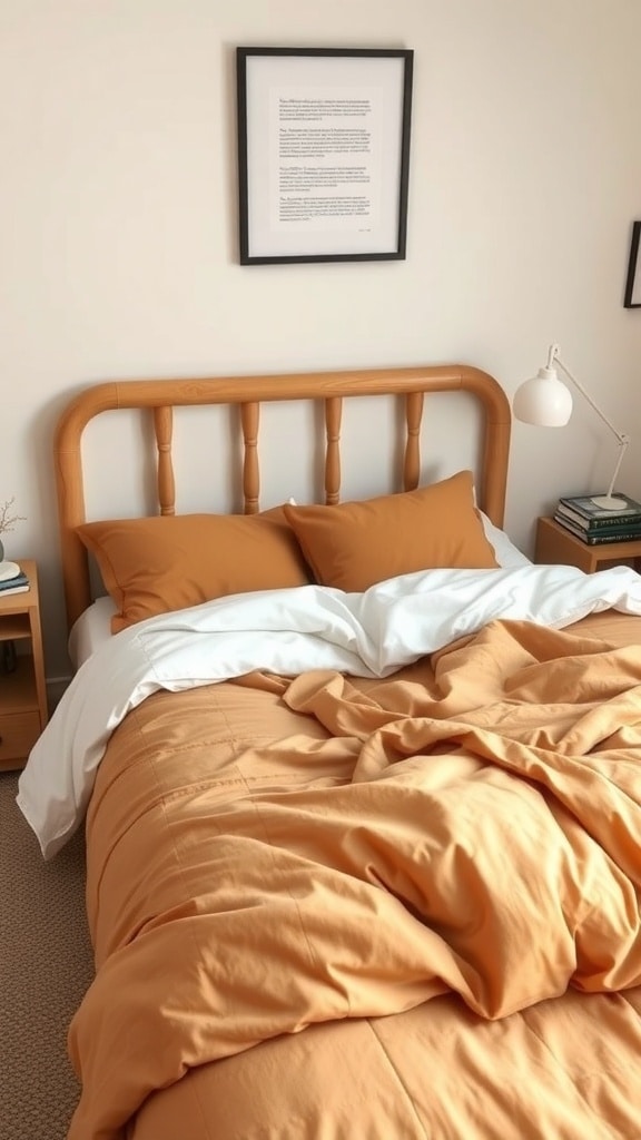 Cozy caramel-inspired bedding with a wooden bed frame and white accents
