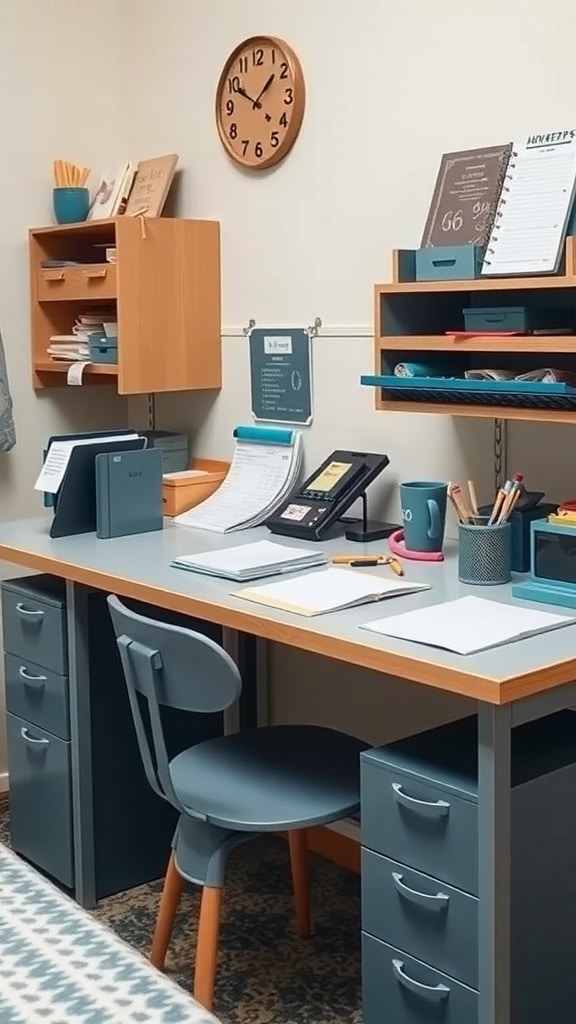 A well-organized desk with slate blue accessories, a wooden clock, and a stylish chair.