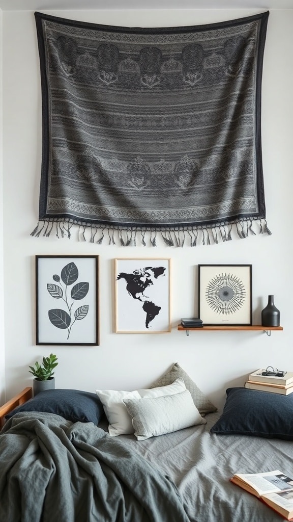 A cozy dorm room featuring a charcoal gray tapestry, framed botanical prints, and a world map above a neatly made bed.