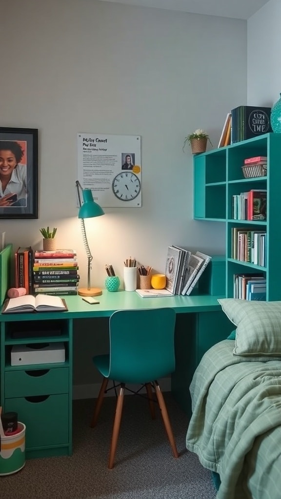 Emerald green themed study corner with desk, chair, books, and decor.