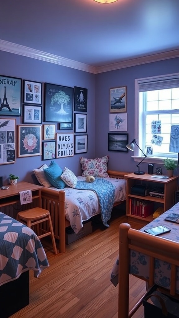 A cozy dorm room with indigo artwork and prints on the walls, featuring a mix of framed illustrations and motivational quotes.