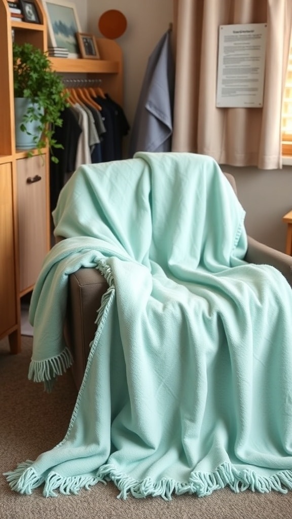 A soft mint throw blanket draped over a chair in a cozy dorm room setting.