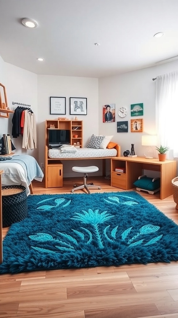 A stylish dorm room featuring a peacock blue rug with floral designs, wooden furniture, and cozy decor.