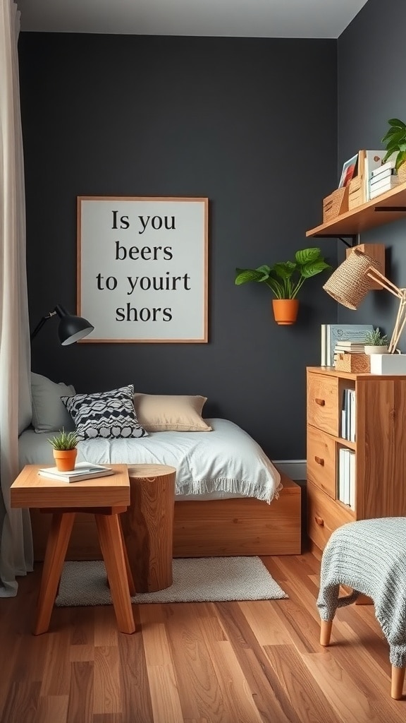 A cozy dorm room featuring charcoal gray walls, wooden furniture, and a potted plant.
