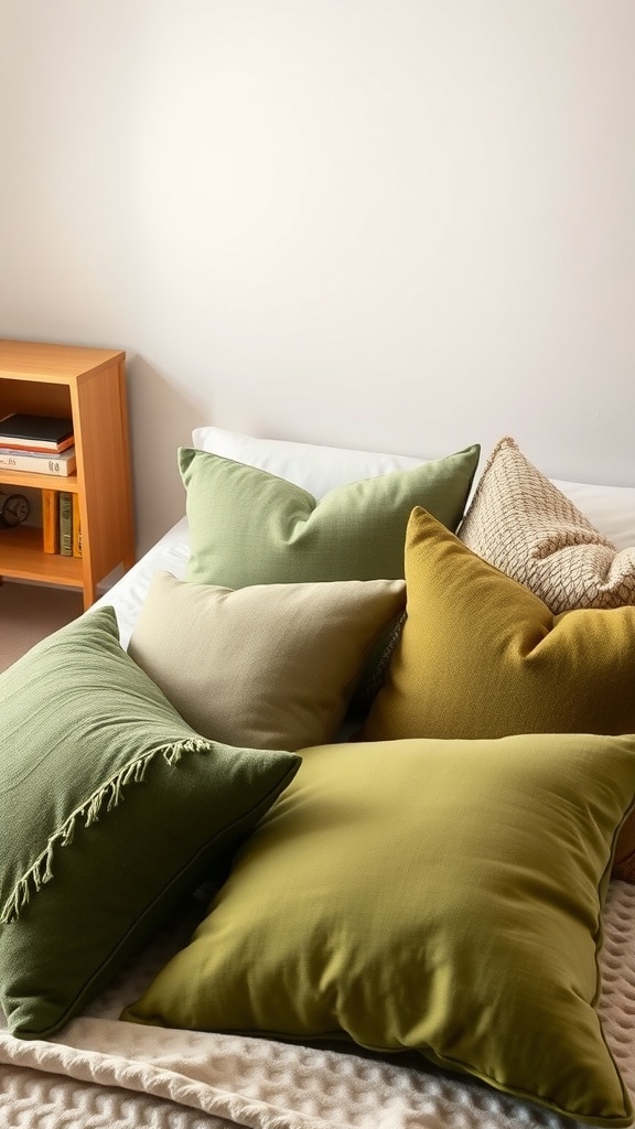 A collection of earthy throw pillows in olive green shades arranged on a bed.