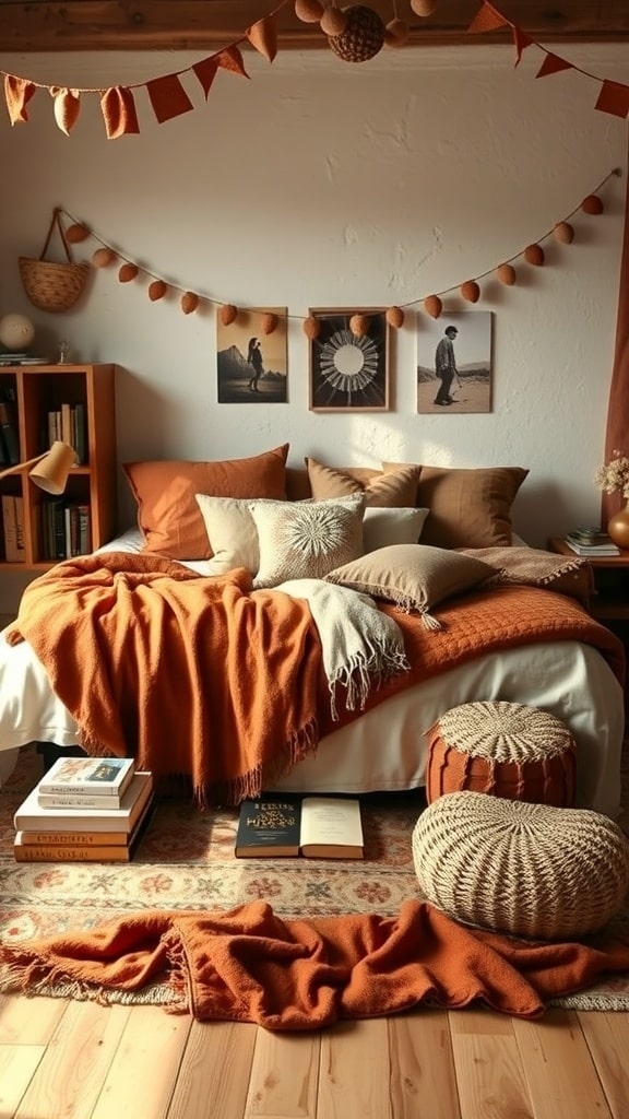 Cozy dorm room with earthy ochre textiles and throws, featuring layered blankets, pillows, and decorative elements.