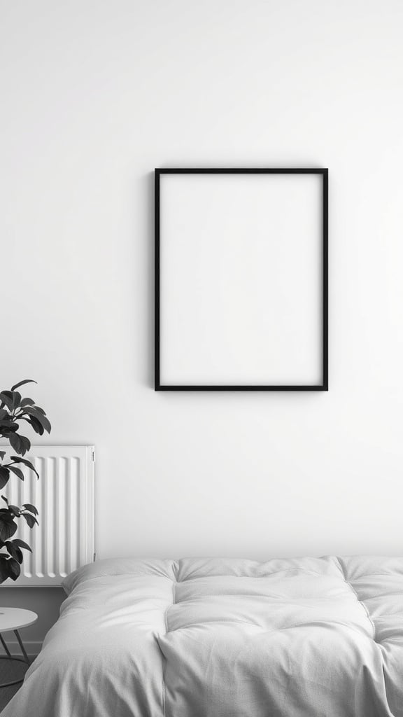 A minimalist black dorm room featuring a blank black frame on a white wall.
