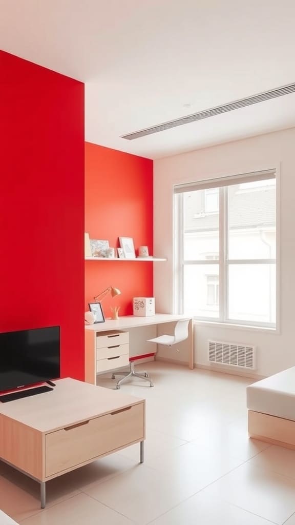 A modern minimalist dorm room with a red accent wall, light wood furniture, and a large window.